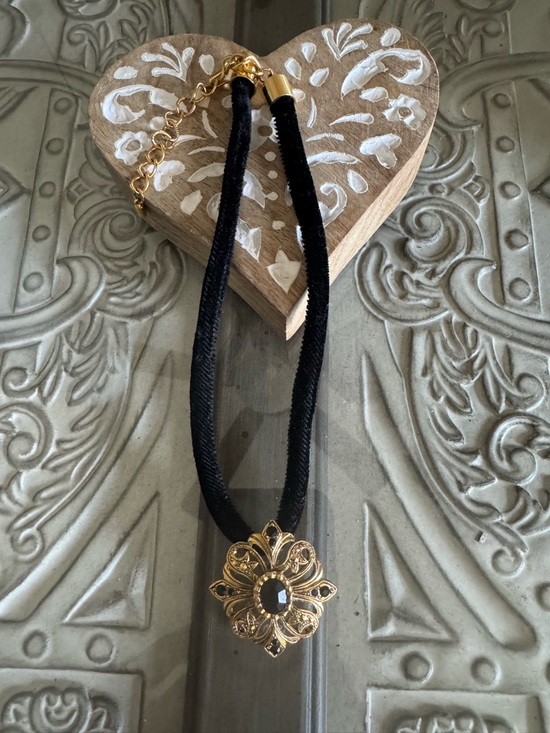 Jewelry - Gold Filigree Pendant Necklace with Black Cord - Women Jewelry